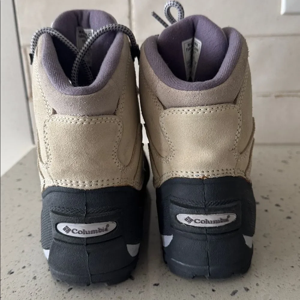 Columbia Snow King Women’s Leather Rubber Beige Gray Purple Snow Boots Size 6.5